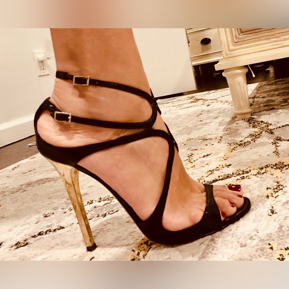 Jimmy Choo Lance Heel. Black and Gold Strappy Sandals